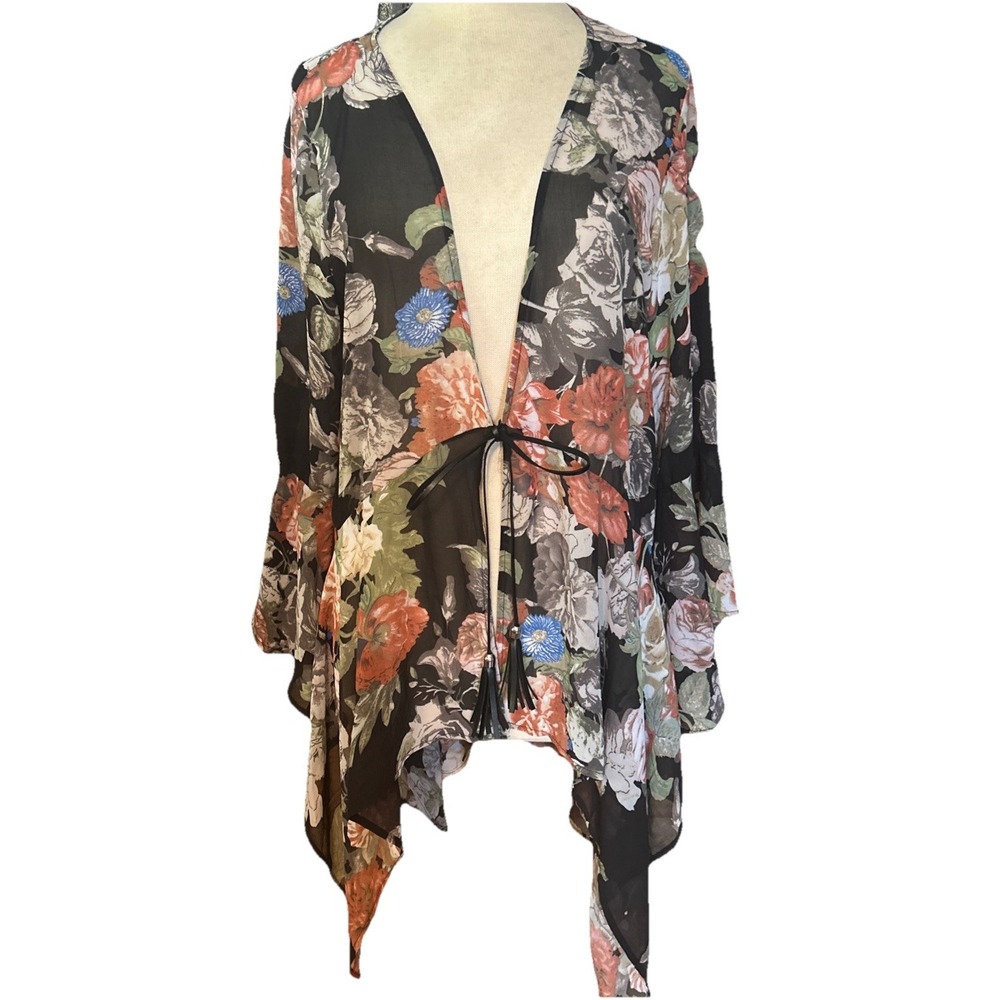 La Vanya Top Womens 1XL Black Floral Sheer Bell Sleeve Tie Front Flowy
